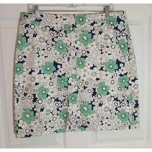 Talbots Button Up Skirt Size 12 White Green Navy Floral Lined Stretch Summer